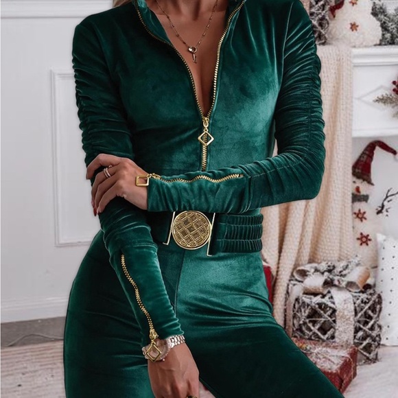 Chicme Velvet Zipper Ruched Longsleeve Jumpsuit Elastic Waistbelt Green Size M - Picture 11 of 12
